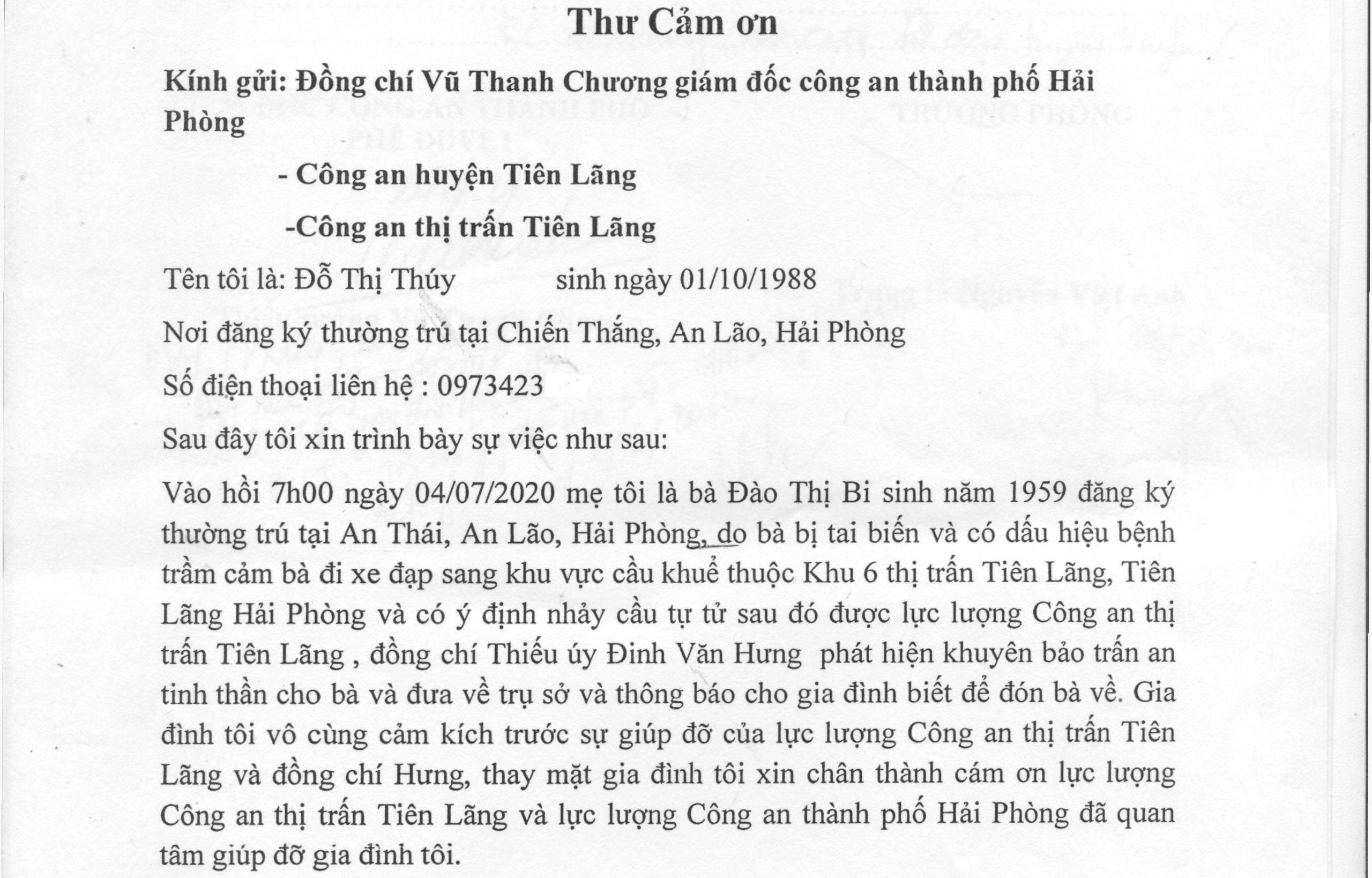 Nhân dân cảm ơn cán bộ Công an thị trấn Tiên Lãng